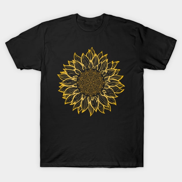 Sunflower Mandala Pattern - Golden Etching Nature Design T-Shirt by mangobanana